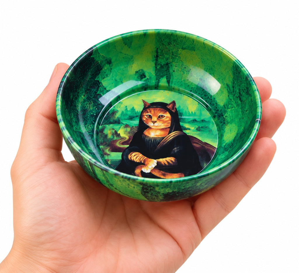 Mona Lisa Cat mini decorative bowl by NIVUMA — held in hand for scale