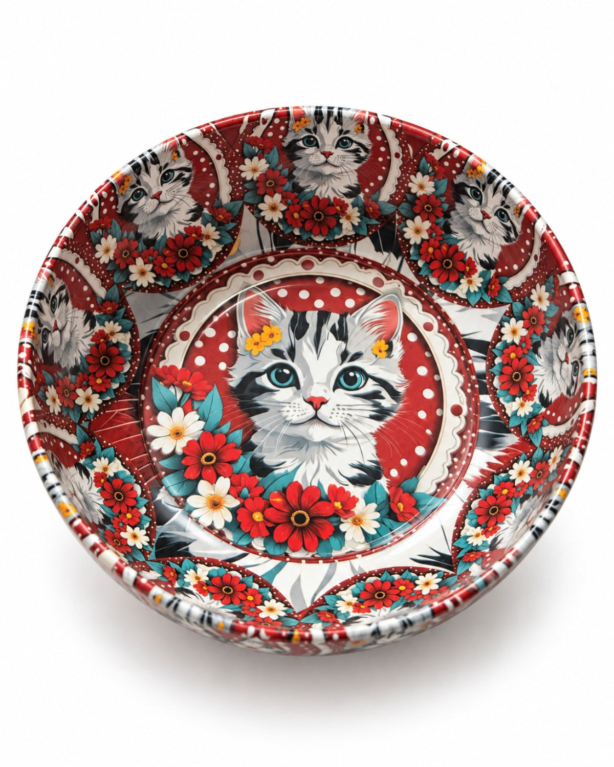 Crimson Floral Cat mini steel catch-all by NIVUMA — front product cover