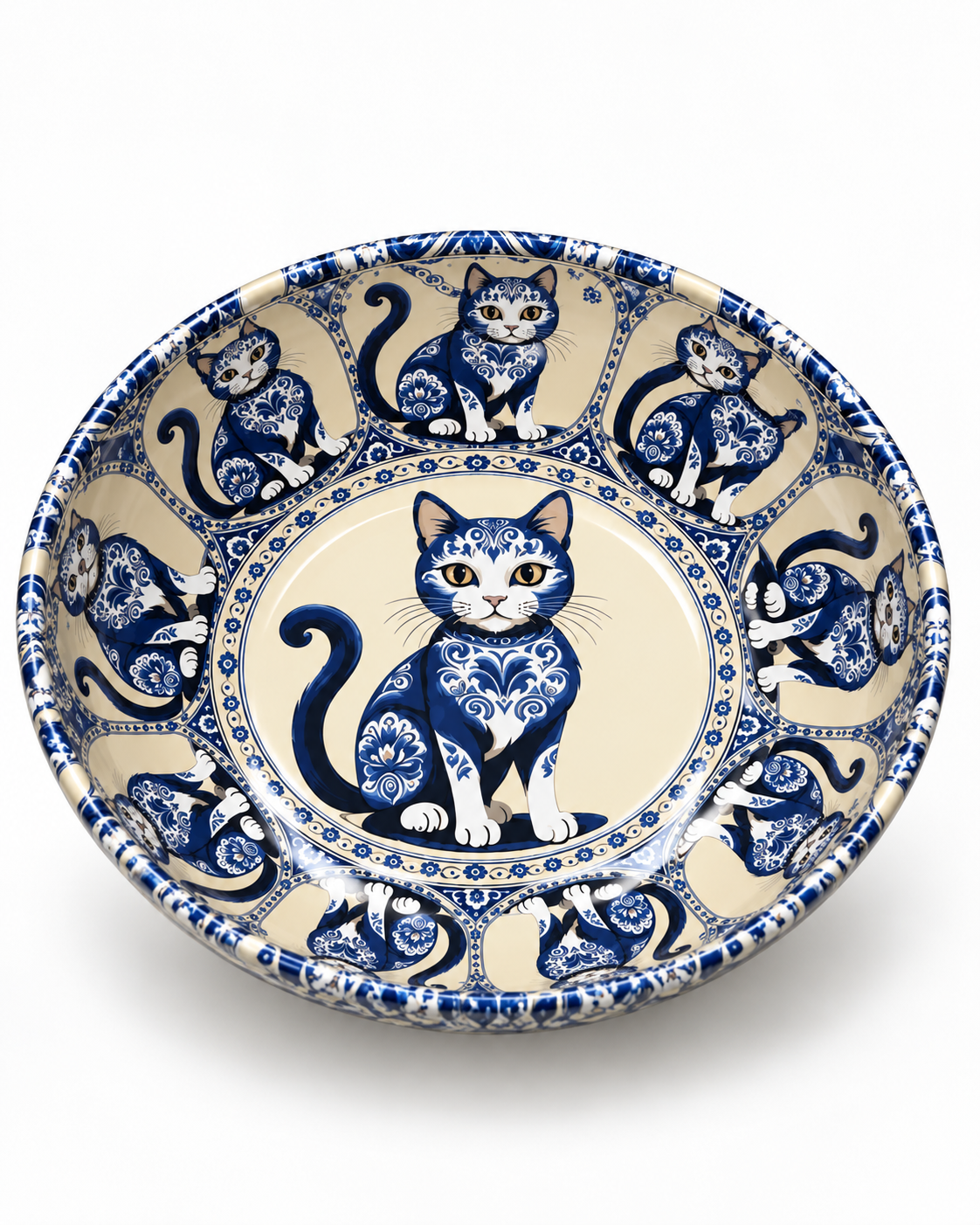 Blue Porcelain Cat mini steel catch-all by NIVUMA — angled studio view
