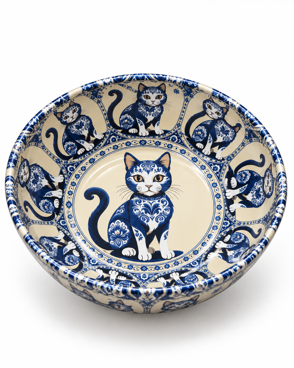 Blue Porcelain Cat mini steel catch-all by NIVUMA — low three-quarter studio view