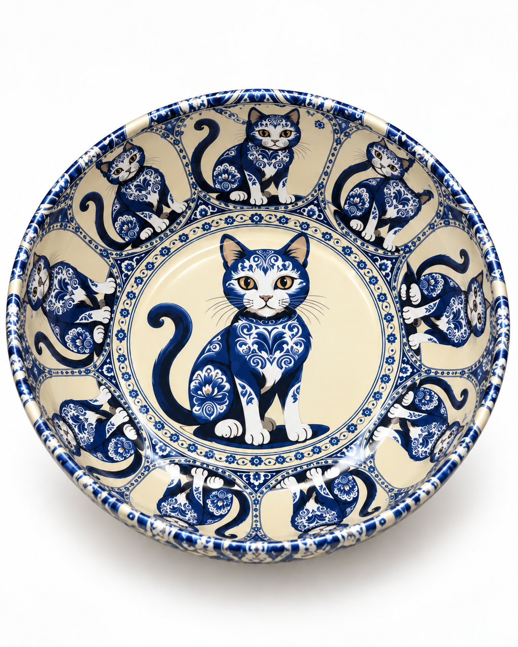 Blue Porcelain Cat mini steel catch-all by NIVUMA — front studio view