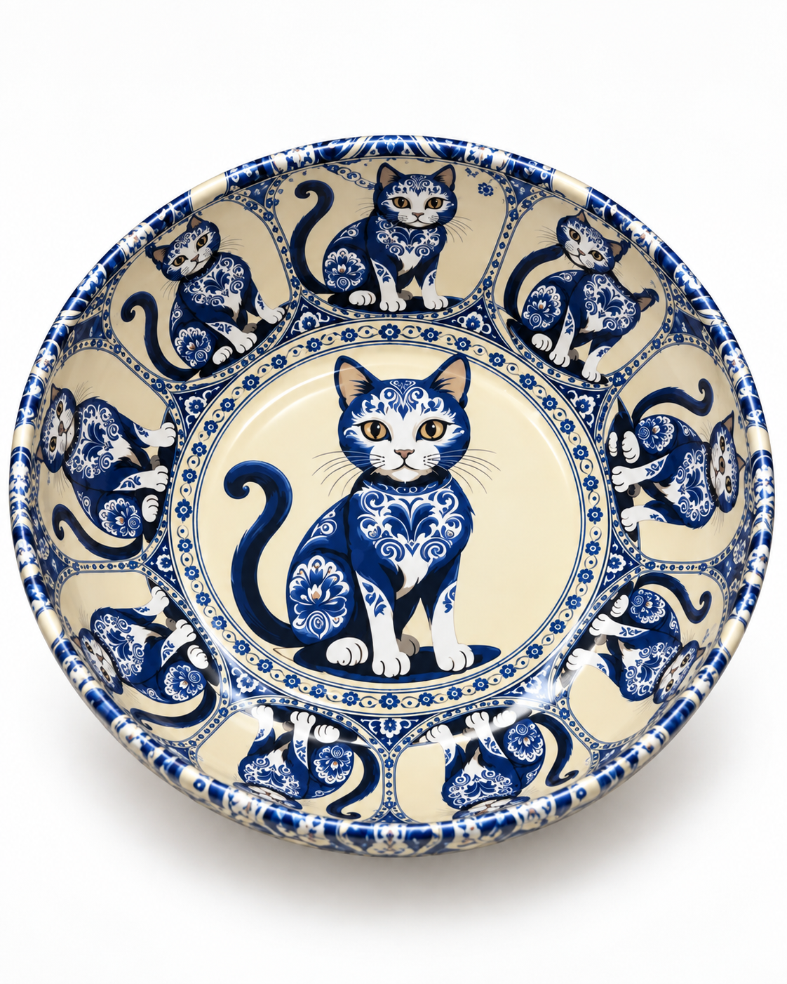 Blue Porcelain Cat mini steel catch-all by NIVUMA — front studio view