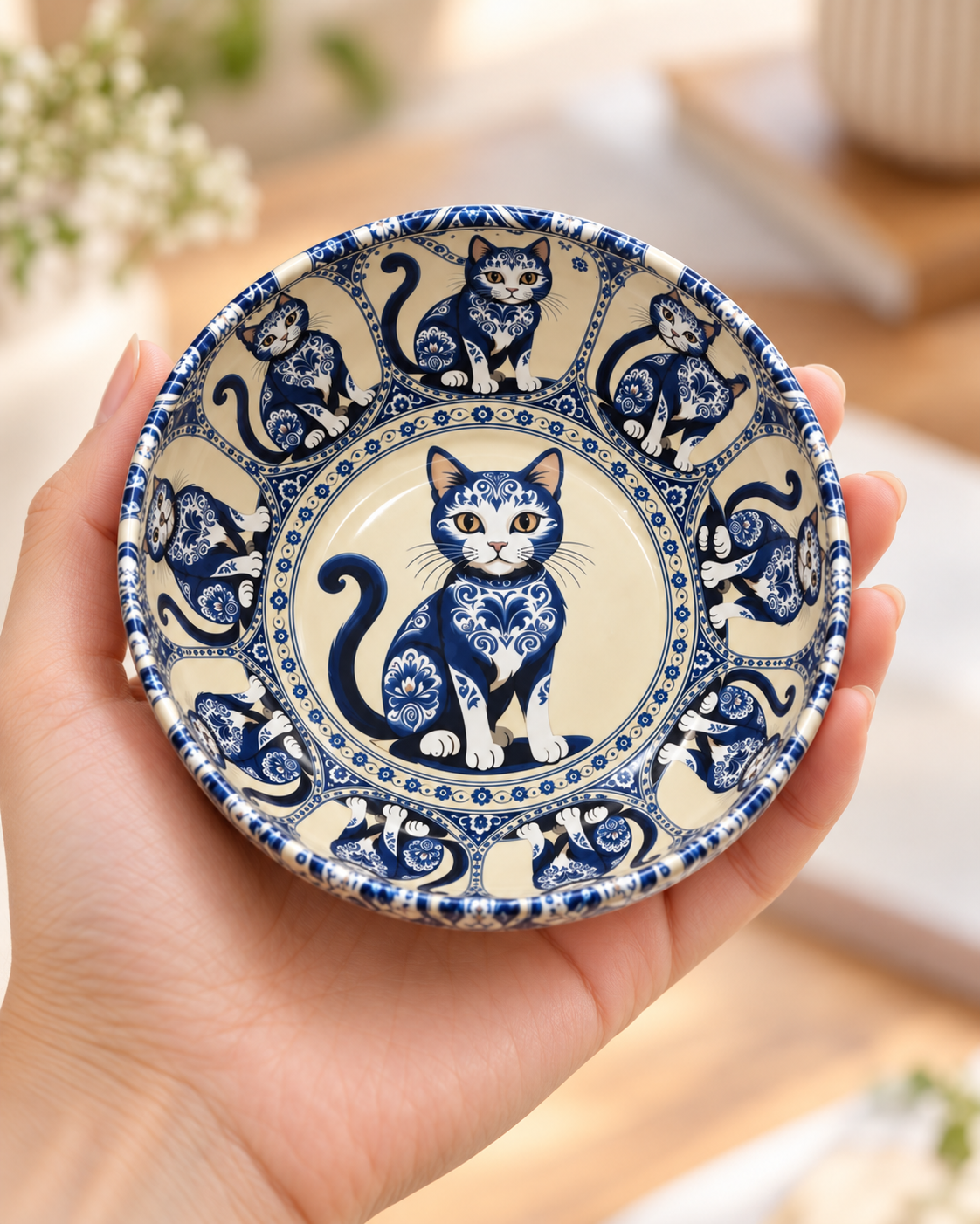 Blue Porcelain Cat mini steel catch-all by NIVUMA — held in hand for scale