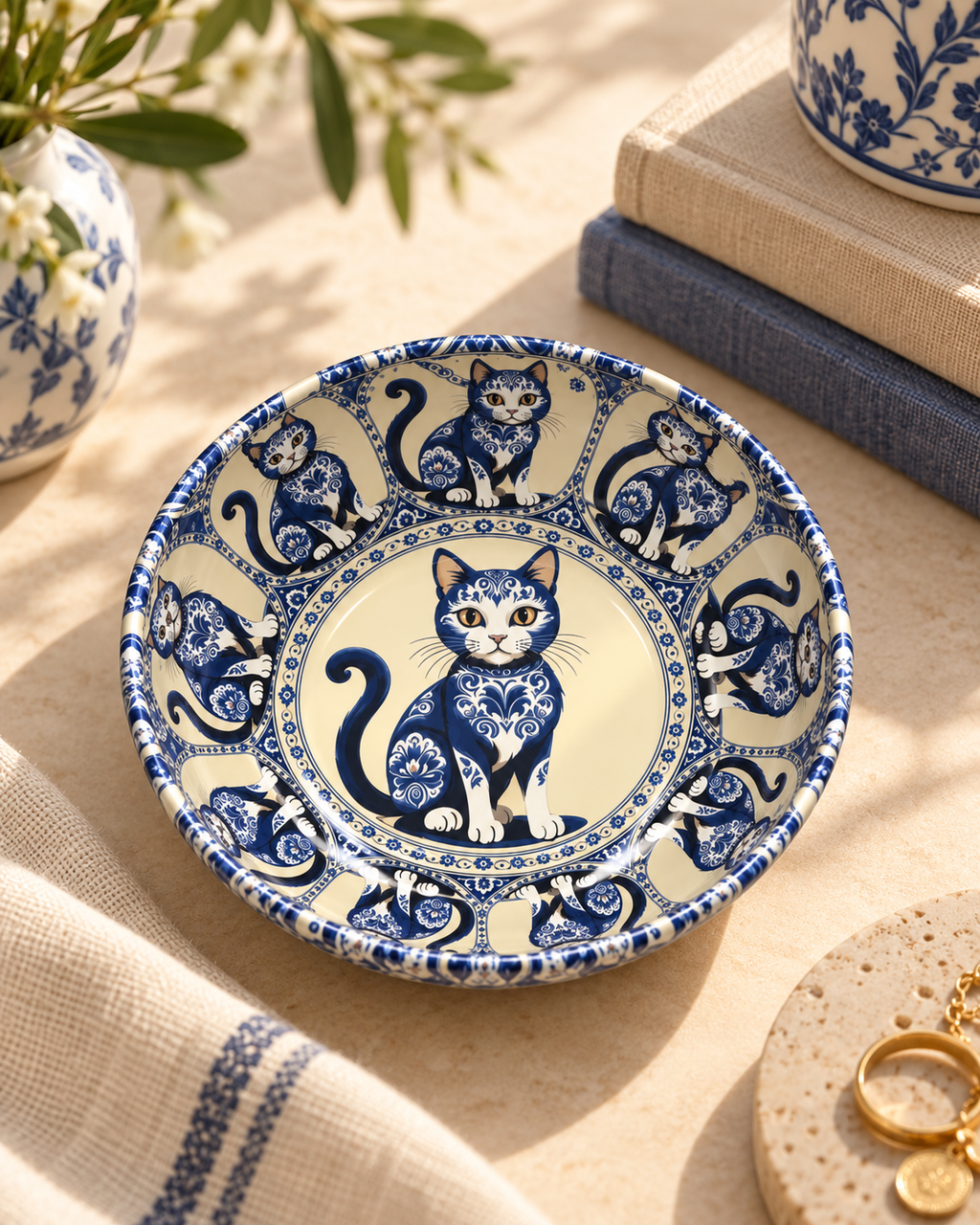 Blue Porcelain Cat mini steel catch-all by NIVUMA — warm lifestyle scene