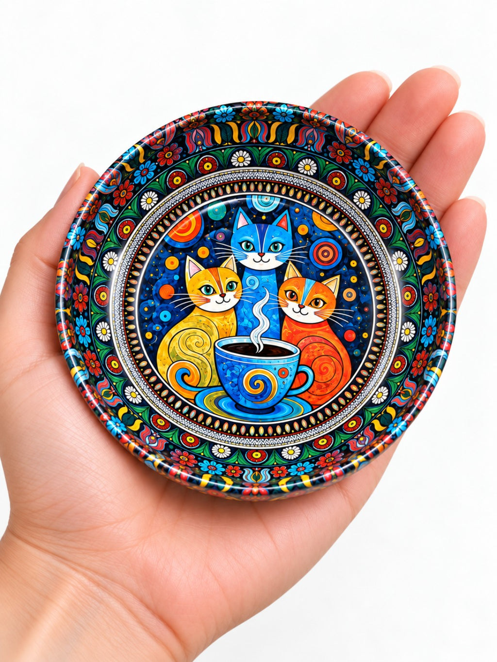 Coffee Cat Trio mini steel catch-all by NIVUMA — in-hand scale view