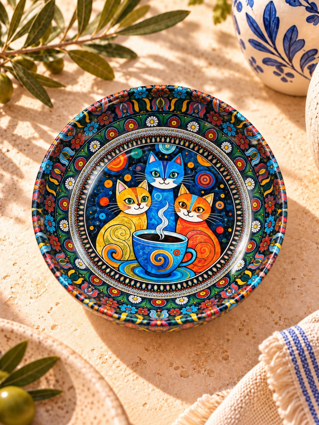 Coffee Cat Trio mini steel catch-all by NIVUMA — Mediterranean lifestyle view