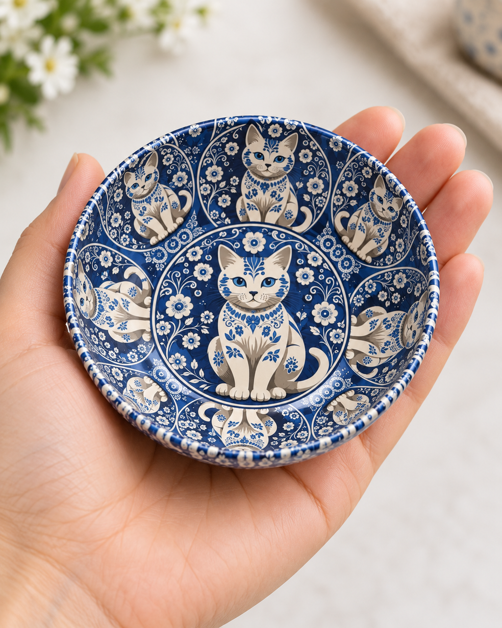 Midnight Porcelain Cat mini steel catch-all by NIVUMA — held in hand for scale