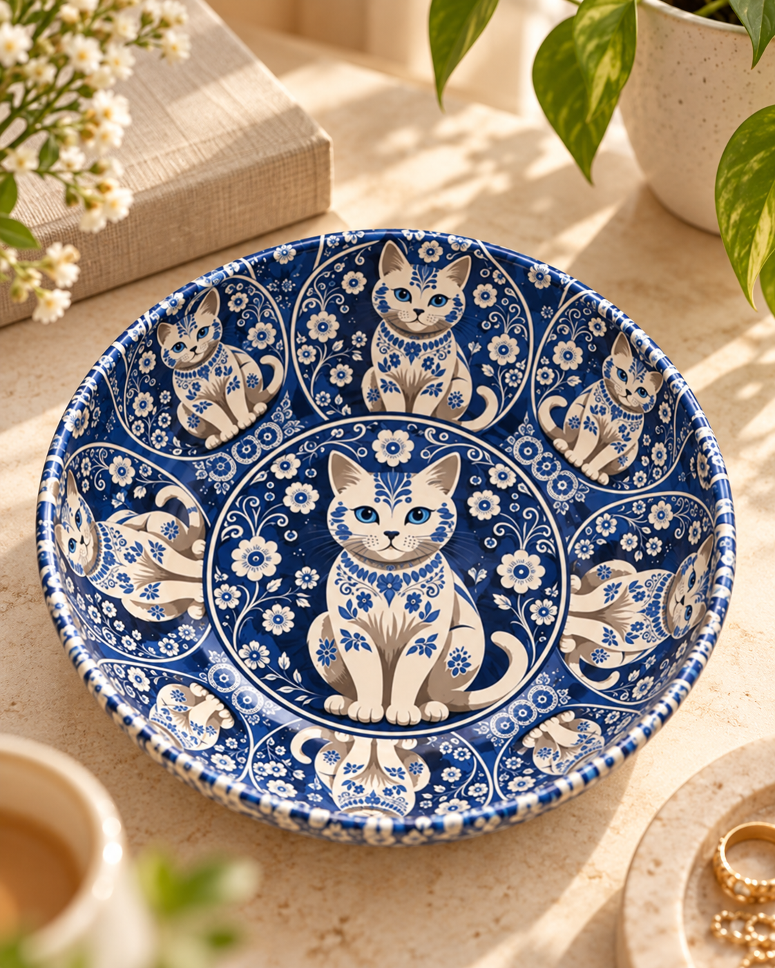 Midnight Porcelain Cat mini steel catch-all by NIVUMA — warm lifestyle scene