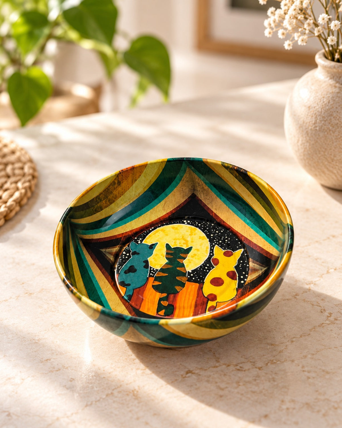Moonlight Cats decorative bowl in a light lifestyle setting