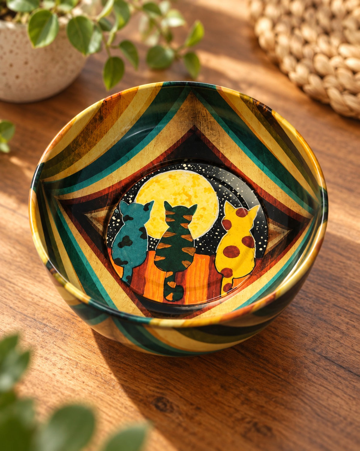 Moonlight Cats bowl styled on a wooden surface