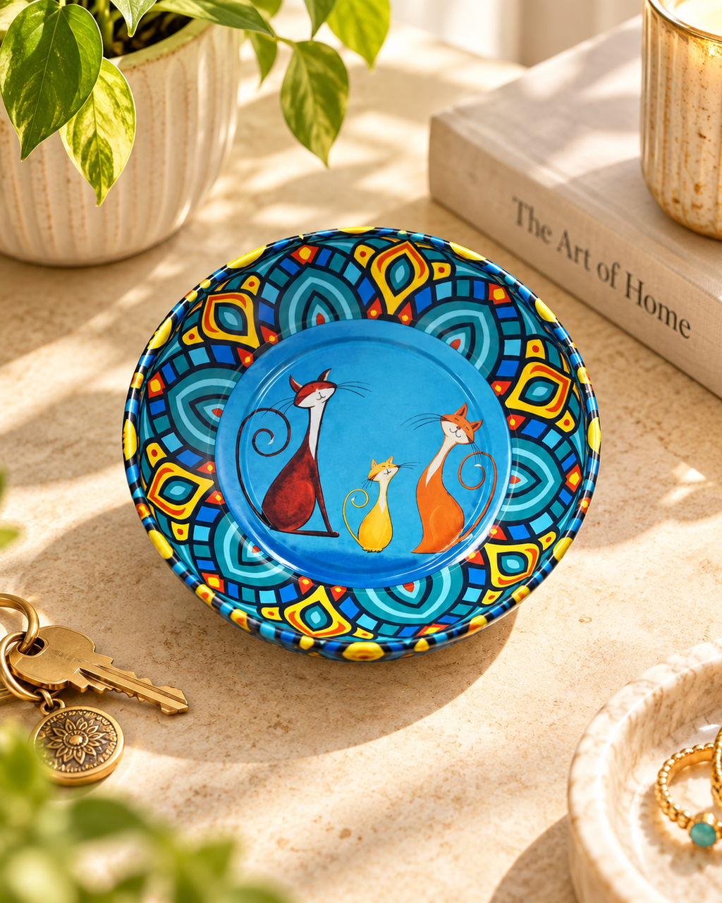 Mosaic Cat Trio mini steel catch-all by NIVUMA — warm lifestyle scene