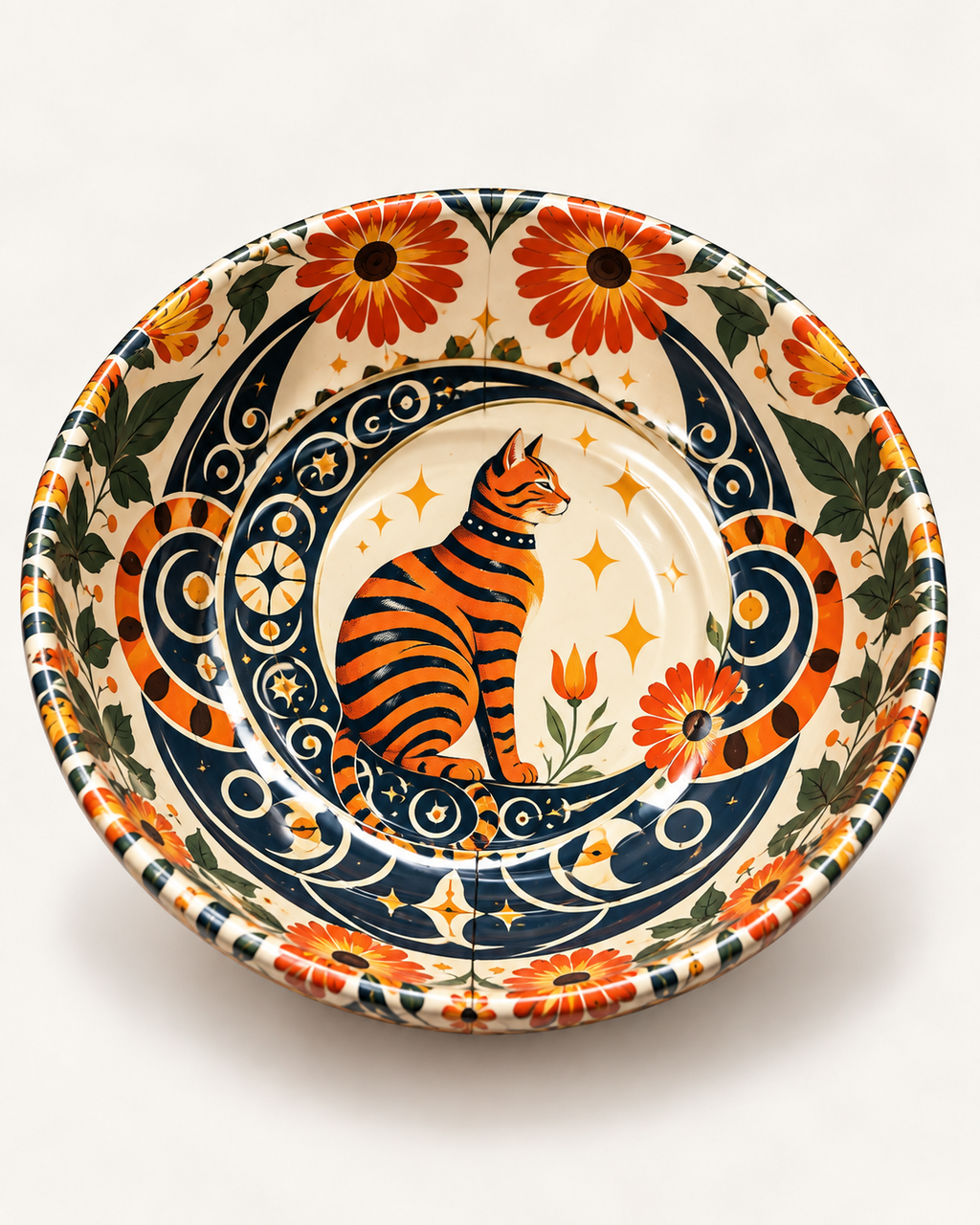 Orange Floral Cat mini steel catch-all by NIVUMA — detailed studio view