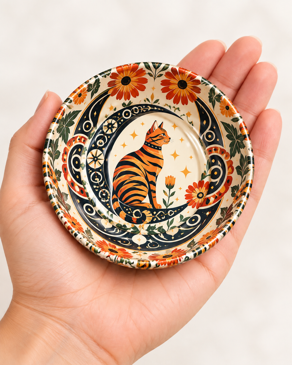 Orange Floral Cat mini steel catch-all by NIVUMA — in-hand scale view