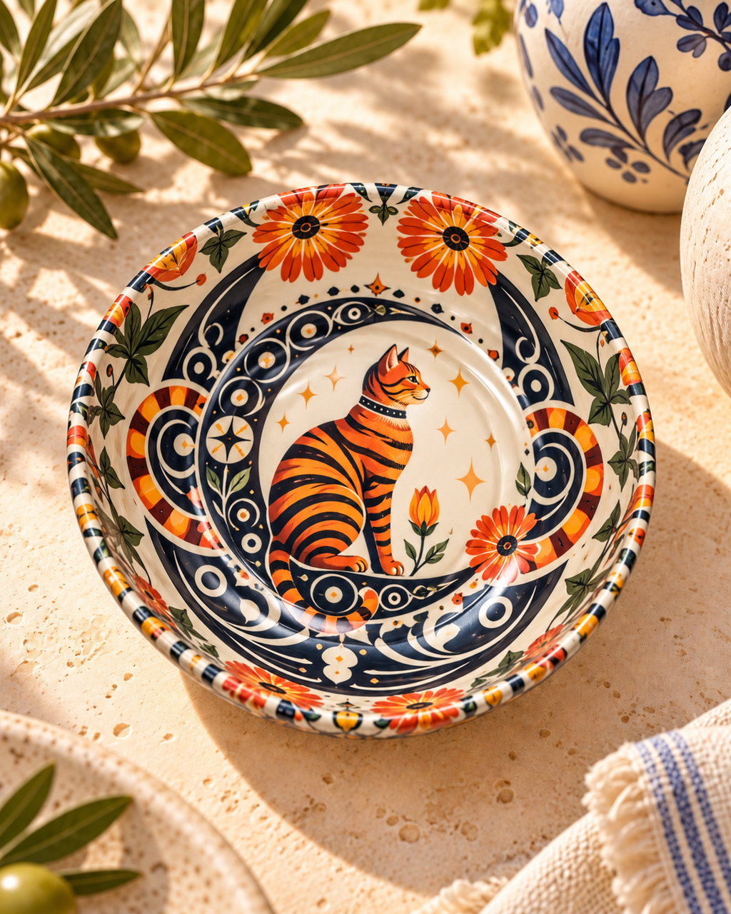 Orange Floral Cat mini steel catch-all by NIVUMA — Mediterranean lifestyle view