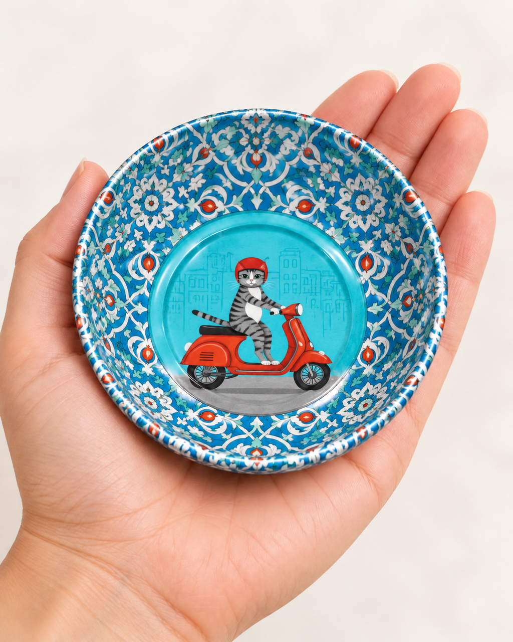 Scooter Cat mini steel catch-all by NIVUMA — in-hand scale view