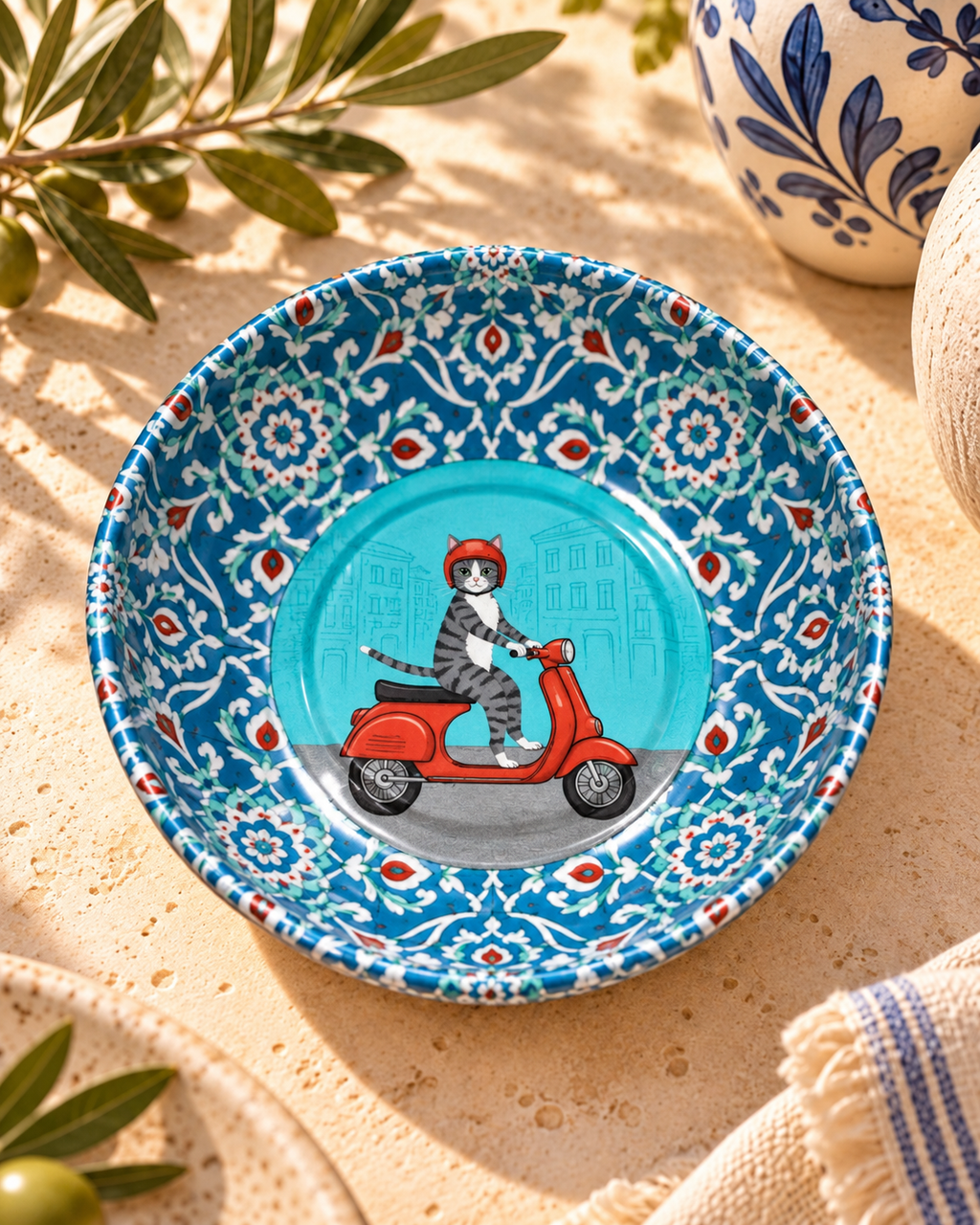 Scooter Cat mini steel catch-all by NIVUMA — Mediterranean lifestyle view