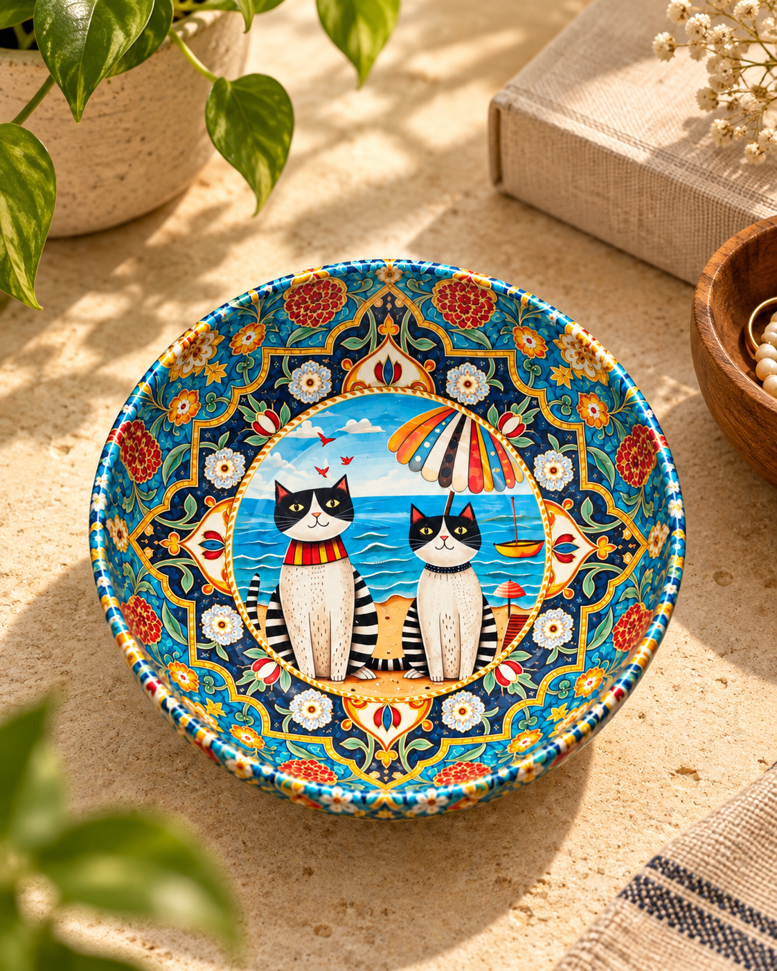 Seaside Cats mini steel catch-all by NIVUMA — warm lifestyle scene