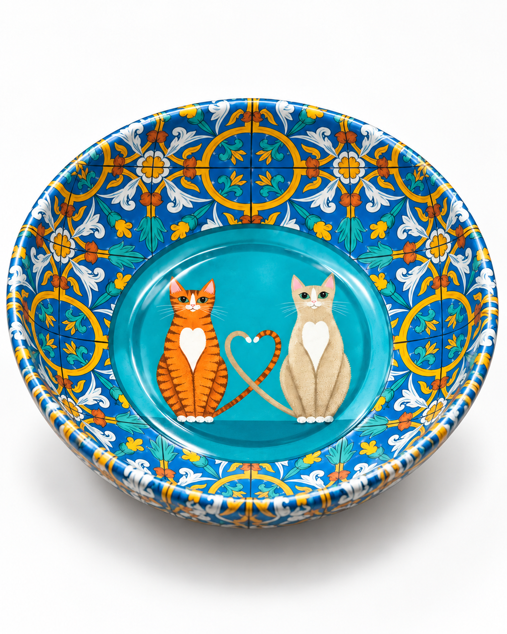 Turquoise Love Cats mini steel catch-all by NIVUMA — angled studio view