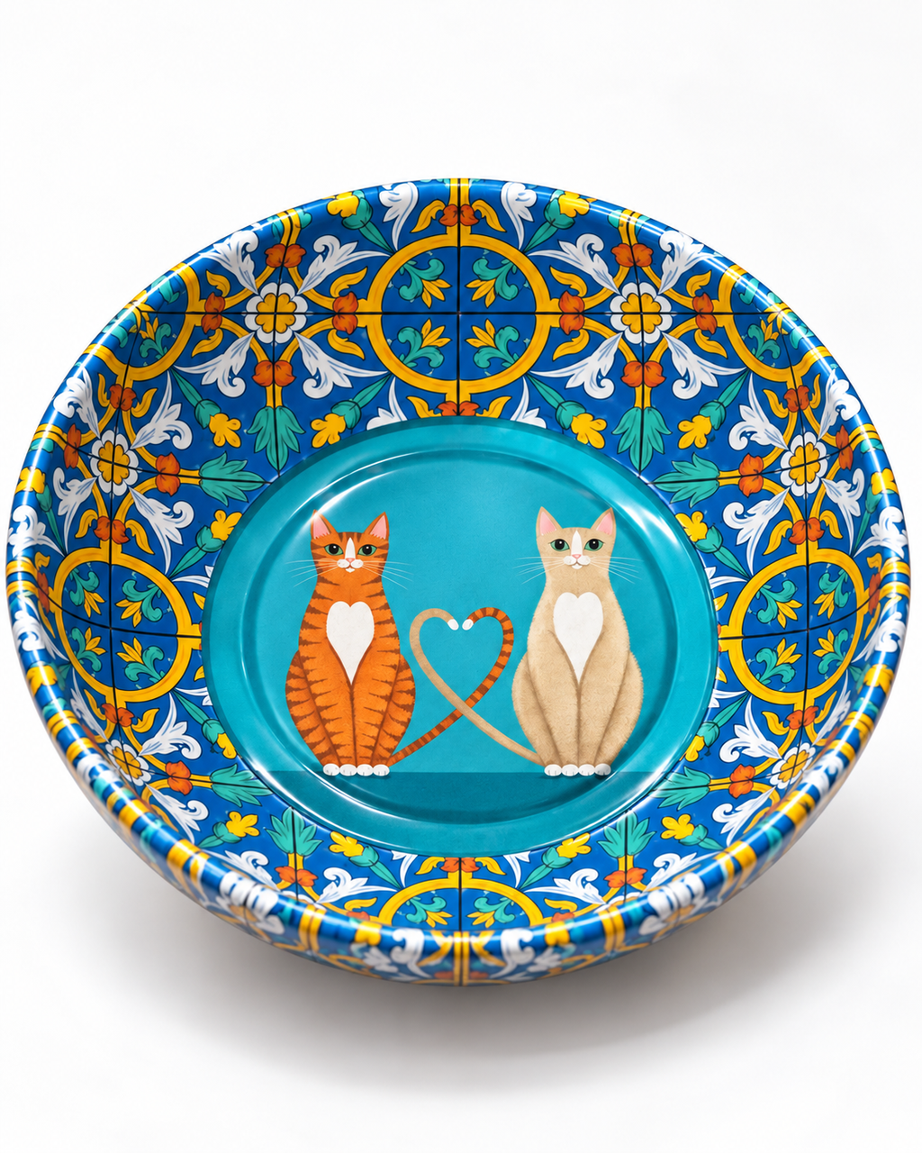 Turquoise Love Cats mini steel catch-all by NIVUMA — low three-quarter studio view