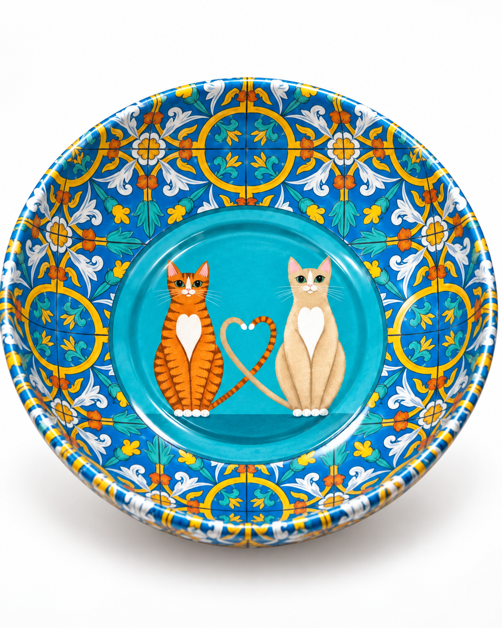 Turquoise Love Cats mini steel catch-all by NIVUMA — front studio view