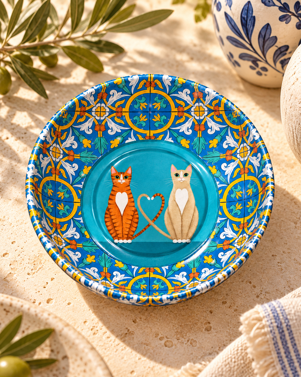 Turquoise Love Cats mini steel catch-all by NIVUMA — warm lifestyle scene